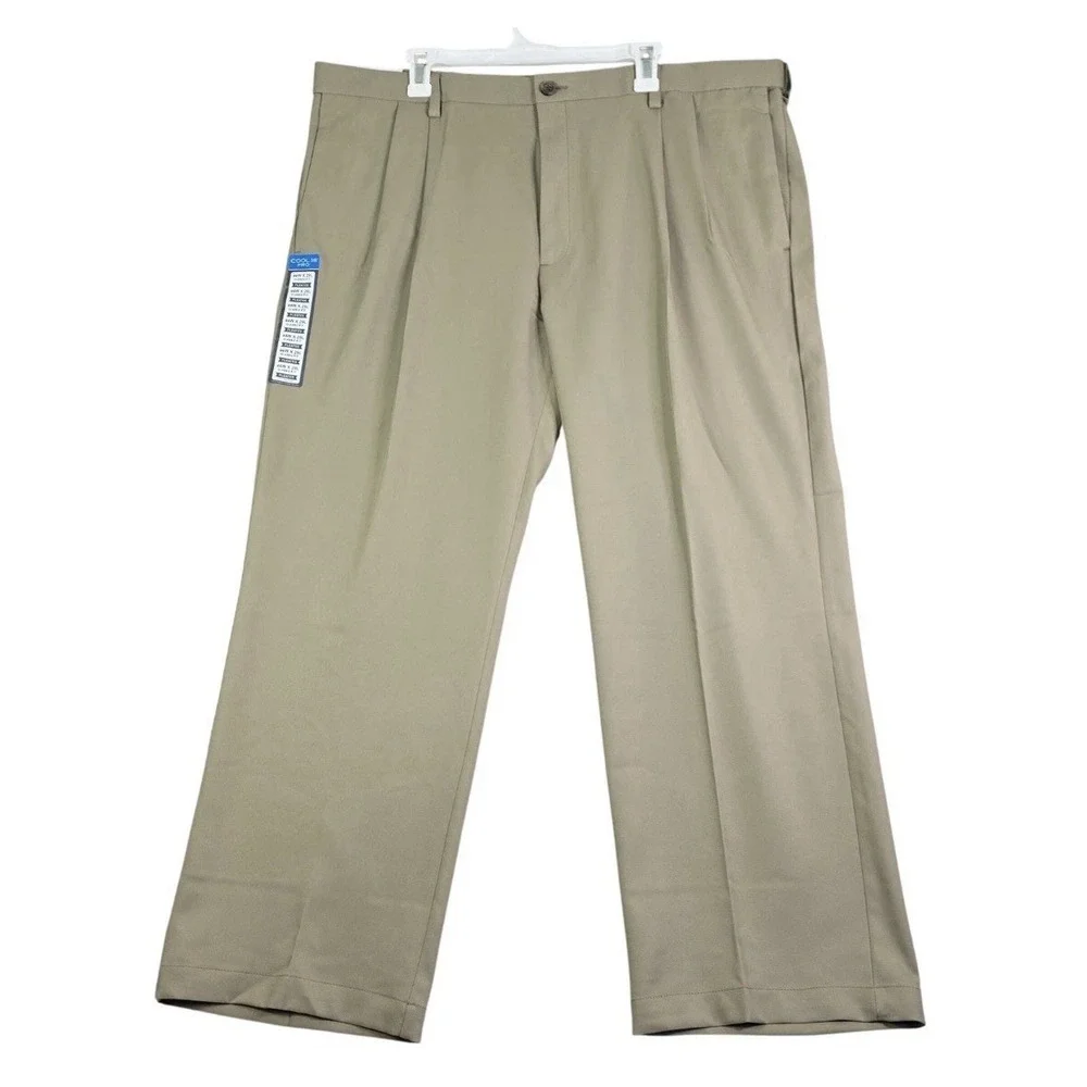 NEW Haggar Cool 18 Pro Dress Golf Pants Mens 44x29 Tan Pleated Classic Fit Work